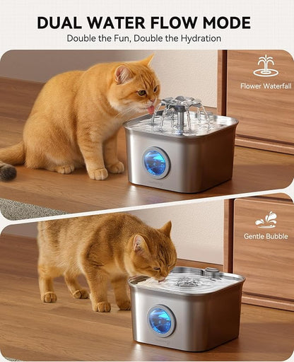 Stainless Steel Cat Water Fountain for Drinking with 3 Filters, 2.8L Auto Pet Drinking Fountain for Cats with 20dB Ultra-Quiet Pump, 24/7 Circulation Filtration LED Water Level Window Dishwasher Safe