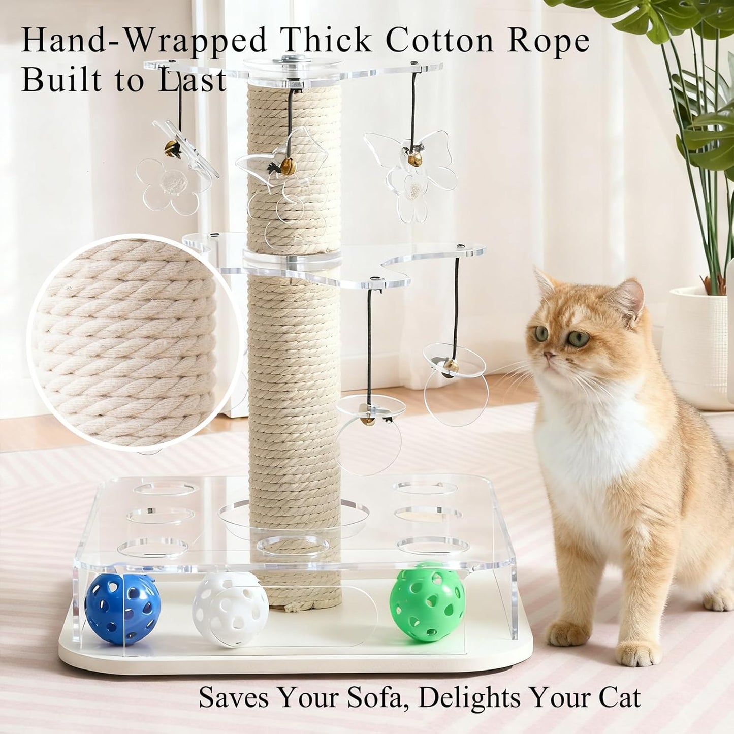 Modern 3-in-1 Interactive Cat Toy with Scratching Post, Cat Puzzle Toys for Indoor Cats with Colorful Jingle Balls, 2-Layer Spinning Teaser Disc with Dangling Toys, Acrylic, White
