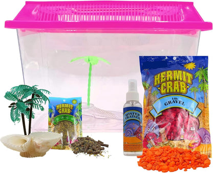 Needzo Reptile and Hermit Crab Supplies, Food Pouch, Habitat, Neon Gravel, Mister Trainer, and Seashell Palm Tree Accessory, All in one Starter Pack, 5 Items