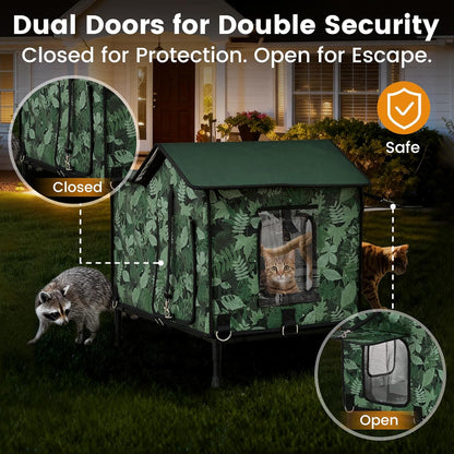 Heated Cat House for Outside in Winter, Weatherproof & Insulated Large Cat Shelter with Heated Cat Bed and 2 Safe Escape Doors for Multiple Stray/Feral Cats(Leaf Pattern, 27.6"x19.3"x21.3")