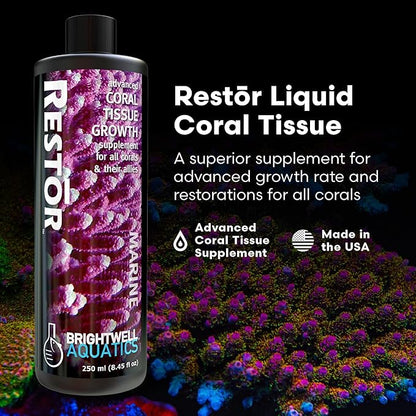 Brightwell Aquatics - Restor Liquid Coral Tissue Supplement - Fish Tank Reef Nutrition for Live Coral Growth Acceleration, Colour Vibrancy, & Restoration Additive - Saltwater Reef Supplies, 8.45 fl oz