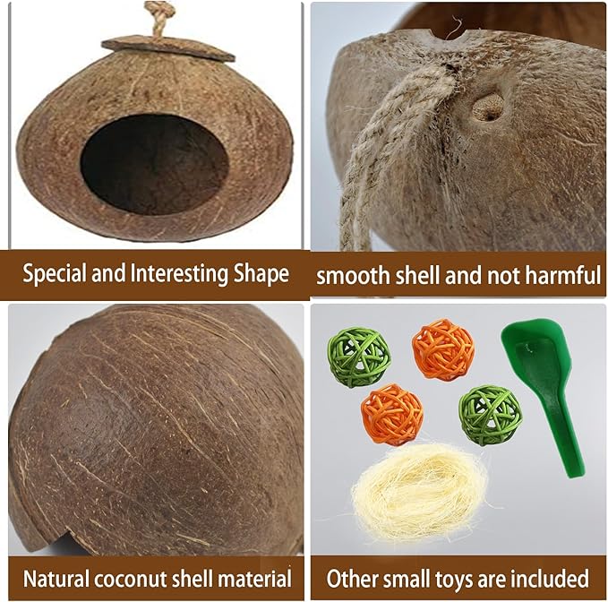 kathson Natural Coconut Shell Bird Nest,Hanging Coco Birds House,Parrots Hide Hut Habitats Decor,Parrot Cage Accessories for Lovebirds Cockatiel Canary Budgies,Feeder Spoon,4 Toy Balls(6 Pcs)