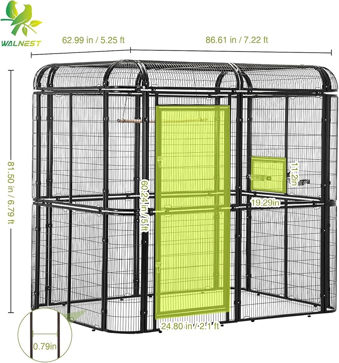 Large Walk-in Cage 87-inch Heavy Duty Bird Cage Outdoor Aviary Parrot Cage Wide Flight Metal Birdcage with Stand for Macaw Budgie Conure Lovebird Parakeet Cockatiel, 7.22x5.25x6.8ft, Black