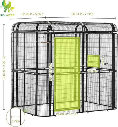 Large Walk-in Cage 87-inch Heavy Duty Bird Cage Outdoor Aviary Parrot Cage Wide Flight Metal Birdcage with Stand for Macaw Budgie Conure Lovebird Parakeet Cockatiel, 7.22x5.25x6.8ft, Black