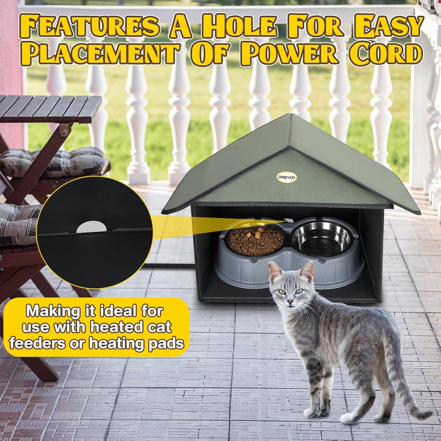 Dreyoo 1 Pack Outdoor Cat Feeding Station for Food & Water, Weatherproof Outdoor Kitty Dining Room Cat Shelter for Stray, Feral Cats and Community Cats, 13”d x 17”w x 15.5'h (Dark Green)