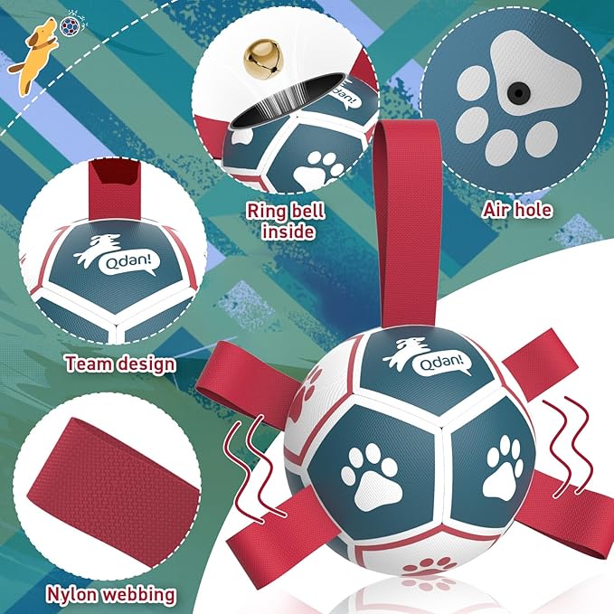 QDAN Dog Toys Balls with Bell Inside, Durable Dog Balls for Tug of War, Puppy Birthday Gifts, Dog Water Toys, Squeaky Ball for Small Dogs(Blue Red, 5 inch)