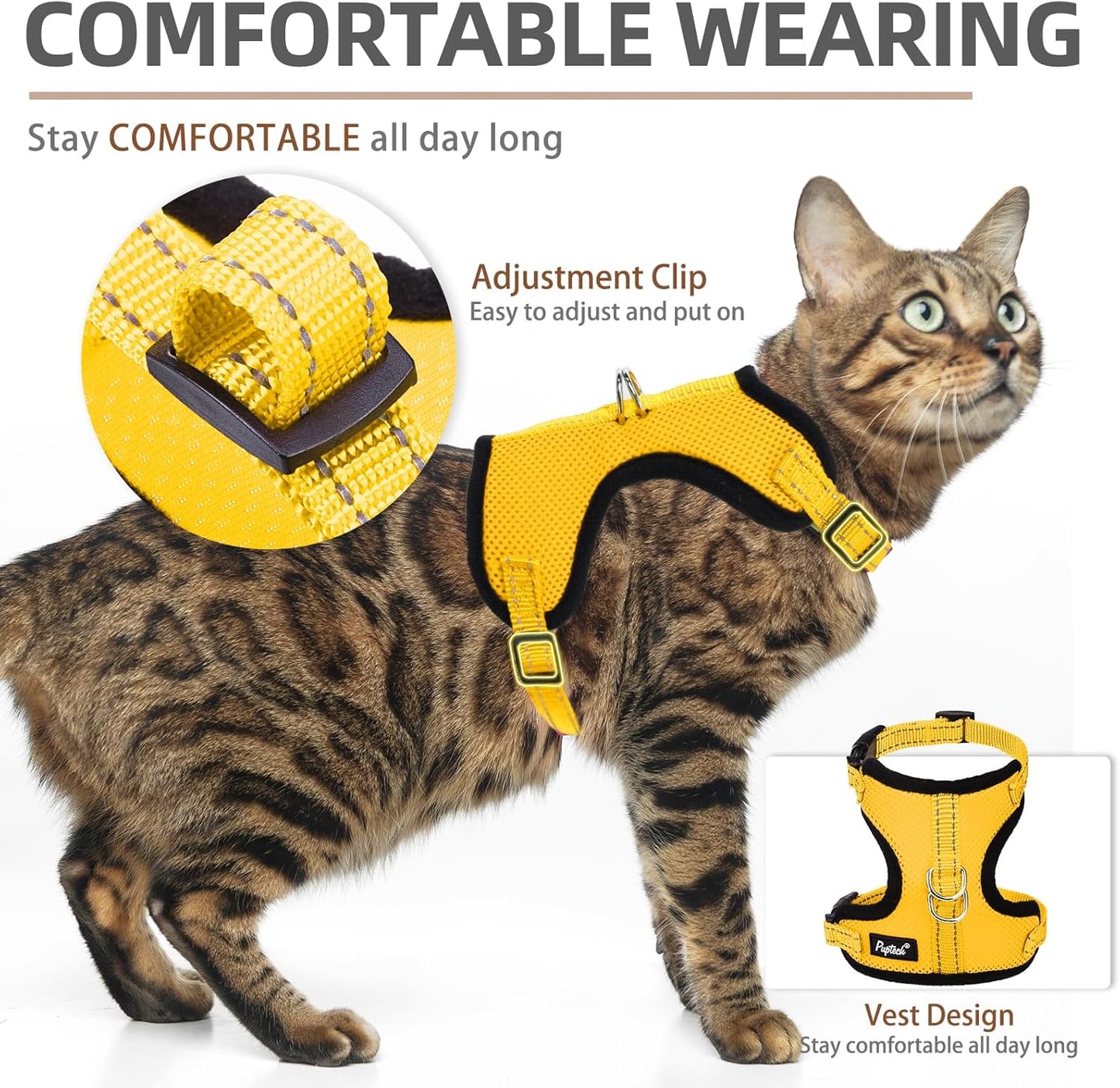 PUPTECK Cat Harness and Leash Set Escape Proof, Reflective Adjustable Soft Mesh Kitten Vest Harness for Walking Travel, Yellow, S