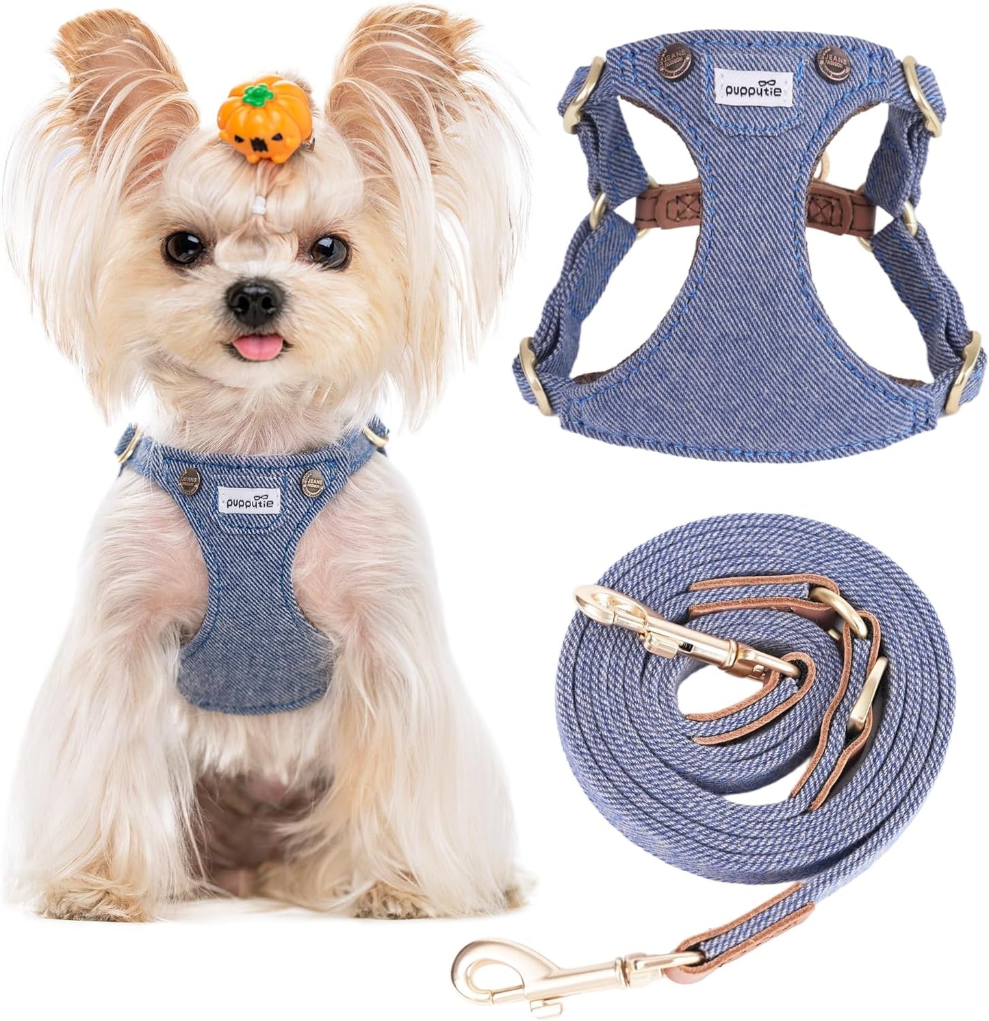 Puppytie No Pull xs Dog Harness with Multifunction Dog Leash,Soft Adjustable No Choke Escape Proof Pet Harness Vest,denimn Light Blue,XS
