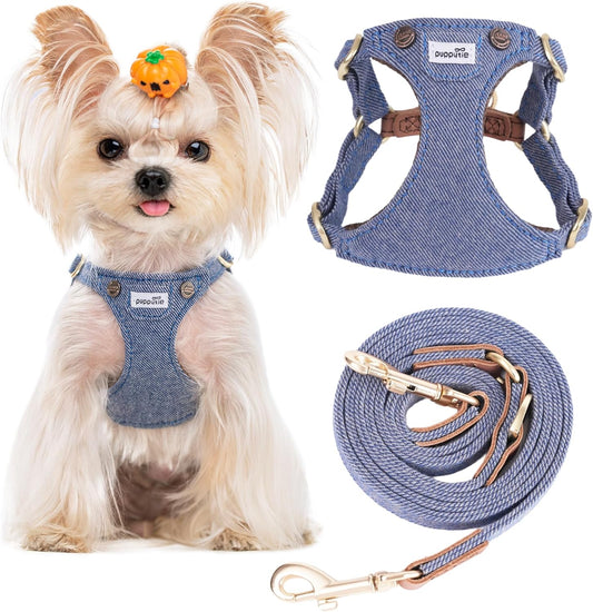 Puppytie No Pull xs Dog Harness with Multifunction Dog Leash,Soft Adjustable No Choke Escape Proof Pet Harness Vest,denimn Light Blue,XS