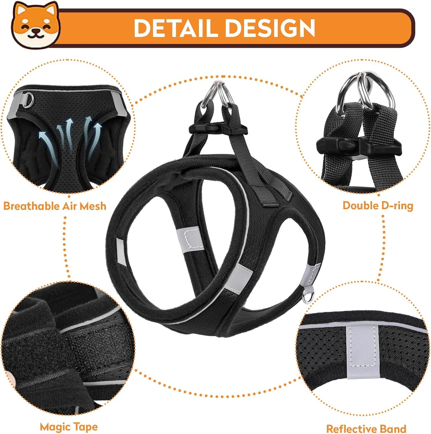 Dog Harness with Leash Set, No-Pull Step-in Reflective Pet Harness with 1 Leash Clips, Adjustable Soft Padded Easy Walk Dog Vest for Small Medium Large Dogs, Cats(Carbon Black, Medium)