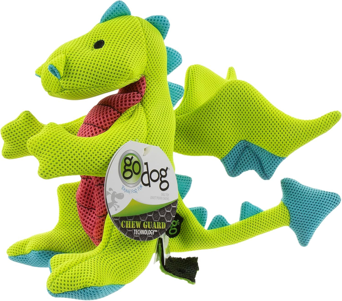 goDog Mesh Dragons Squeaky Plush Dog Toy, Double Chew Guard Technology - Green, Large