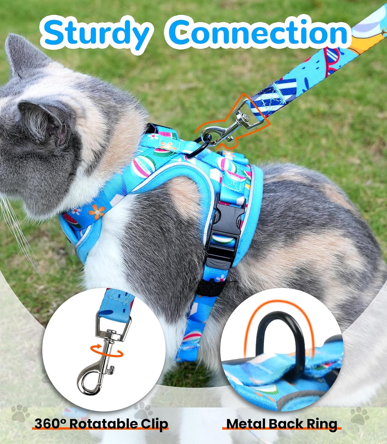 Halypet Cat Harness and Leash Set for Walking, Escape Proof Adjustable Vest Harness with 3-in-1 Integrated Buckles, Easy Control Soft Breathable Mesh with Reflective Strips for Cats, M, Ocean Blue