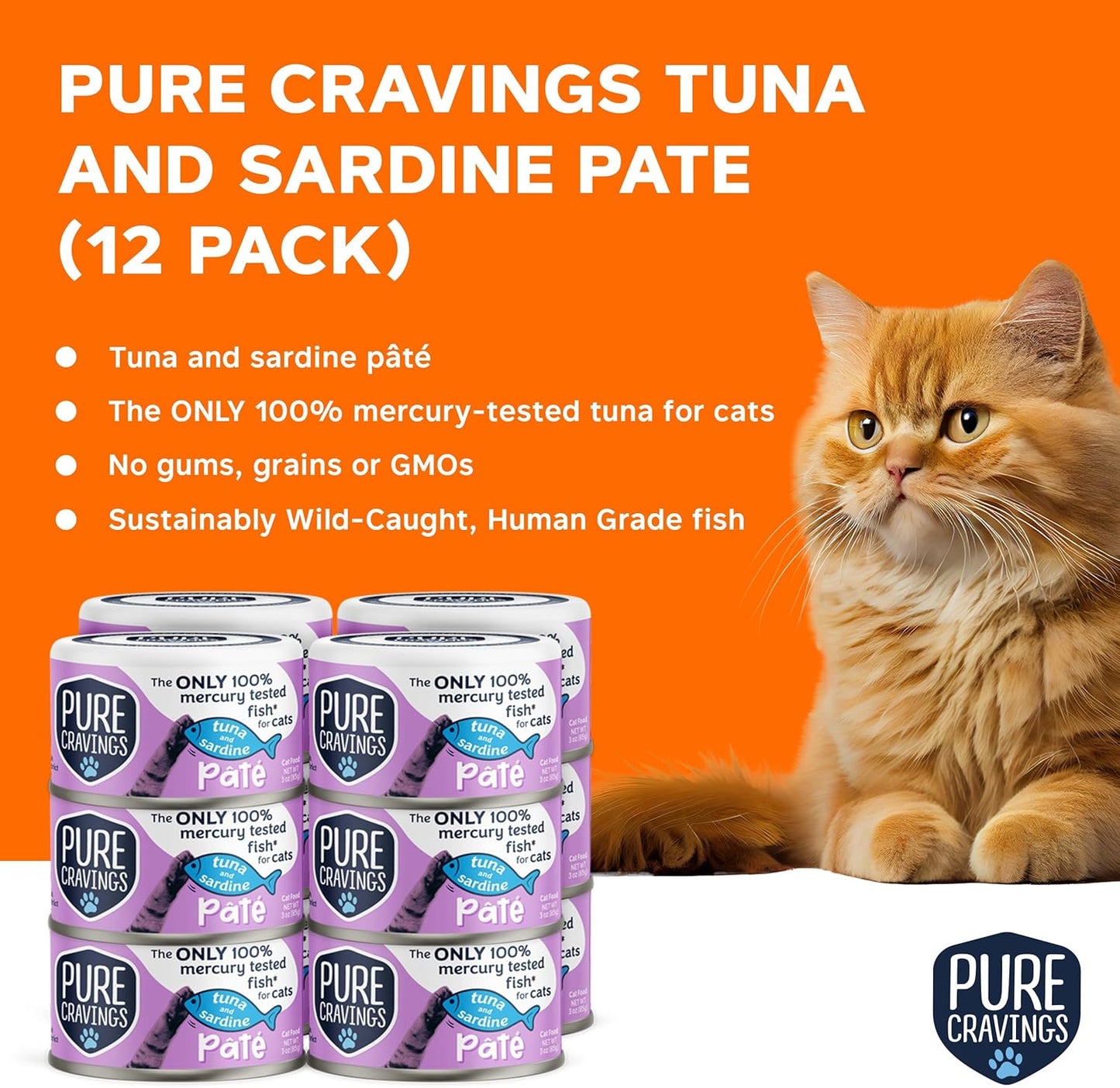 Pure Cravings Tuna and Sardine Pate, Canned Wet Cat Food, 100% Mercury-Tested, Moist Can Fish, Grain-Free Protein, Non-GMO, 12 Pack