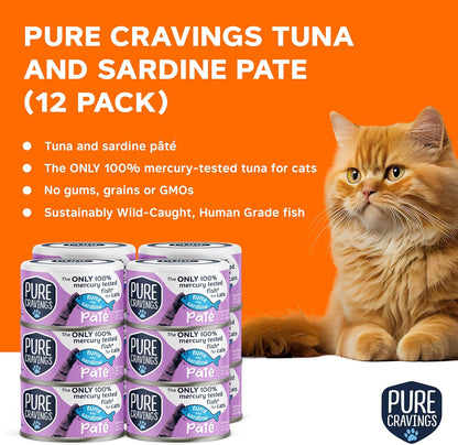 Pure Cravings Tuna and Sardine Pate, Canned Wet Cat Food, 100% Mercury-Tested, Moist Can Fish, Grain-Free Protein, Non-GMO, 12 Pack