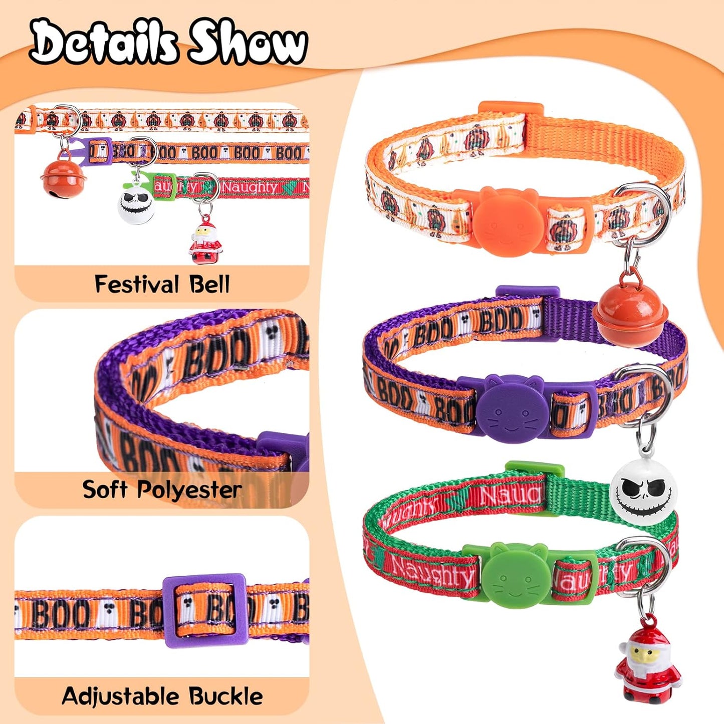 Halloween Cat Collar with Bells, Thanksgiving Cat Collar Breakaway, Christmas Kitten Collars for Girl Boy Cats, Fall Kitty Holiday Collars Adjustable 8-12inch