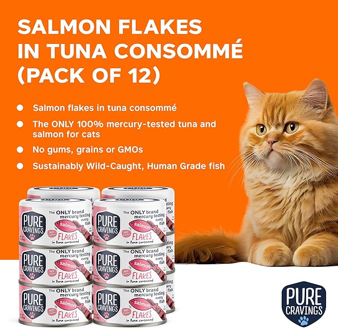 Pure Cravings Salmon Flakes in Tuna Consommé, Canned Wet Cat Food Soup, 100% Mercury-Tested, Moist Can Fish, Grain-Free Protein, Non-GMO, 3oz, Pack of 12