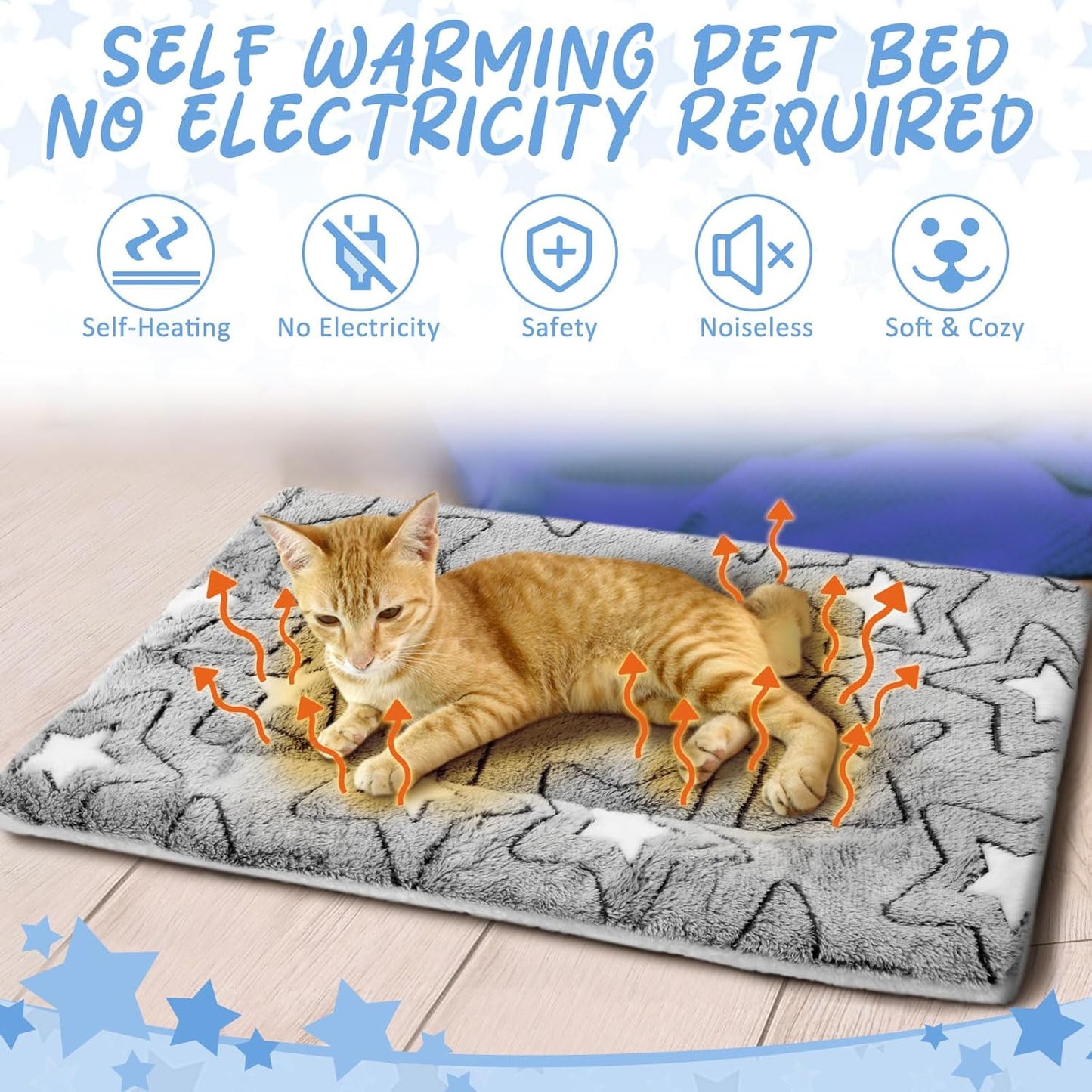 VitalCozy 2 Pack Self Warming Cat Mat Self Heating Pad Bed Reversible Machine Washable Reflects Body Heat Warm Thermal Pet Pad Crate Blanket for Feral and Indoor Cat(Double Star,20'' X 30'')