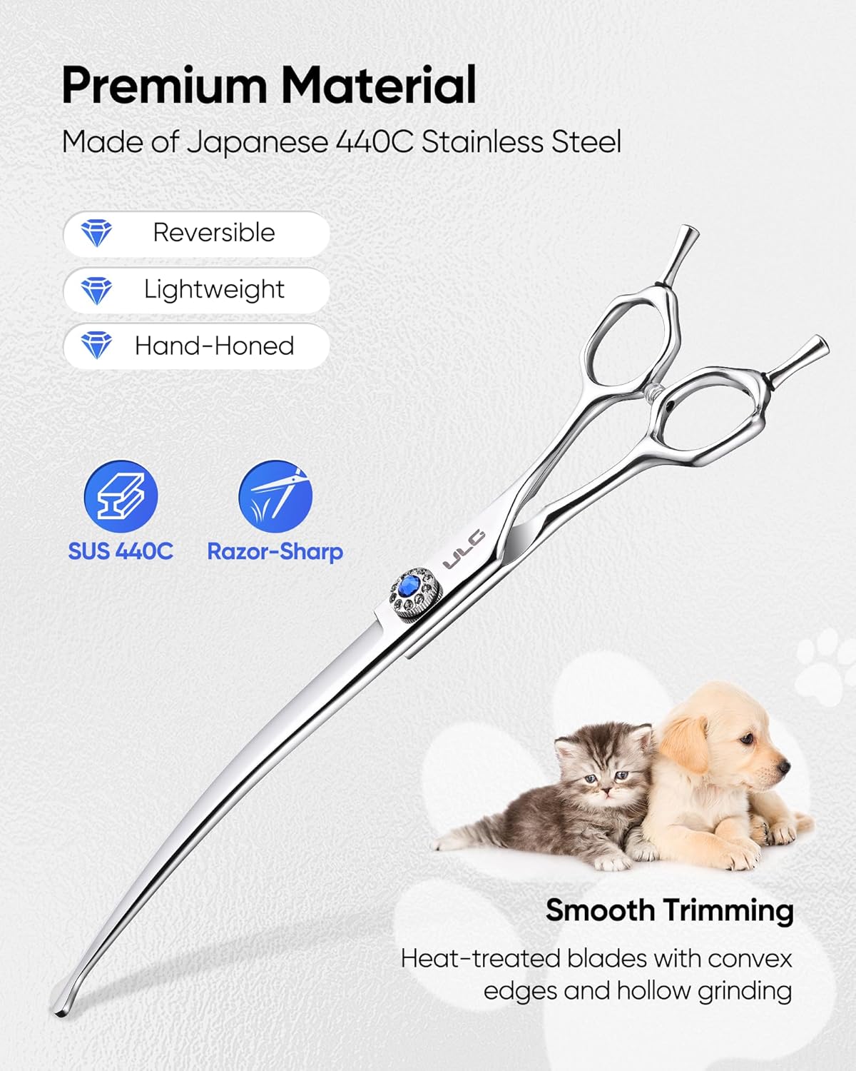 ULG 7.5" Curved, Compact Dog Grooming Scissors - Professional Pet Shears, Silver Stainless Steel
