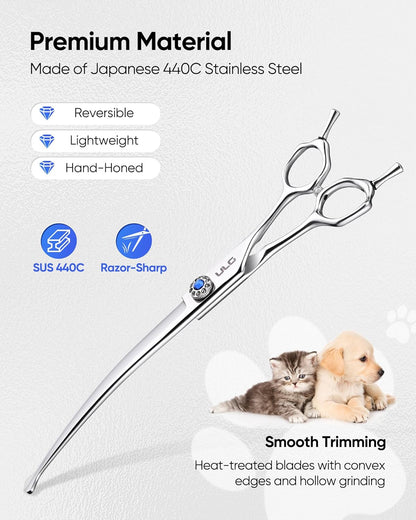 ULG 7.5" Curved, Compact Dog Grooming Scissors - Professional Pet Shears, Silver Stainless Steel