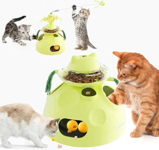 4-in-1 Cat Toys, Interactive Cats Toy with Track Balls, Fluttering Feathers, Slow Food Dispenser, Fun & Engaging Cat Toys for Bored Indoor Cats, Durable & Safe (Green)