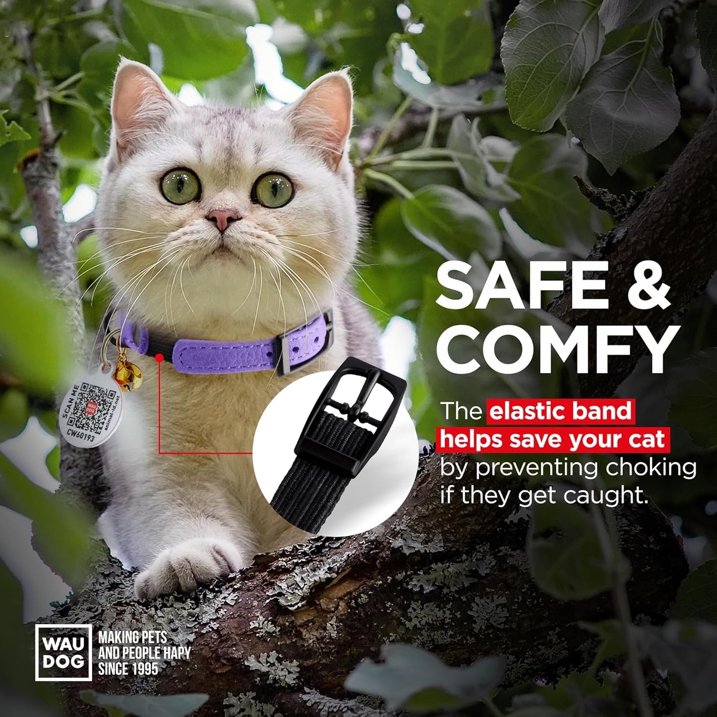 Leather Cat Collar with Bell and Safety Elastic Strap Breakaway Alternative for Small & Large Kittens, Stylish Pet Leather Collar for Boy, Girl Cats with Metal Buckle & QR ID Tag (Purple)