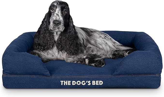 The Dog’s Bed, Med Blue Denim, Memory Foam, Pain Relief: Arthritis, Hip & Elbow Dysplasia, Post Surgery, Lameness, Supportive, Calming, Waterproof Washable Cover