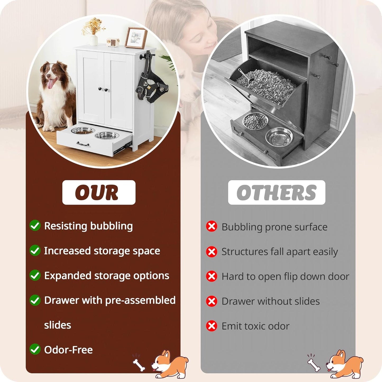 ALINE FURNITURE Dog Feeding Station with Storage Cabinet and 2 Elevated Dog Bowls, Hidden Pet Feeder Station Wood, Dog & Cat Storage Organizer, White