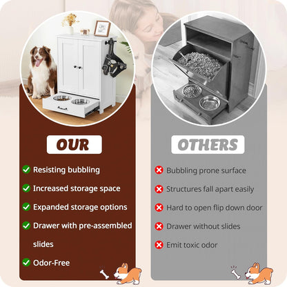 ALINE FURNITURE Dog Feeding Station with Storage Cabinet and 2 Elevated Dog Bowls, Hidden Pet Feeder Station Wood, Dog & Cat Storage Organizer, White