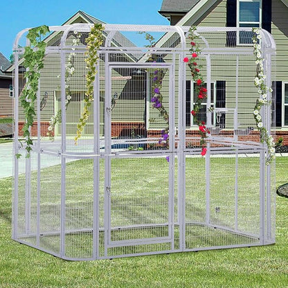 Large Walk-in Cage 87-inch Heavy Duty Bird Cage Outdoor Aviary Parrot Cage Wide Flight Metal Birdcage with Stand for Macaw Budgie Conure Lovebird Parakeet Cockatiel, 7.22x5.25x6.8ft, White