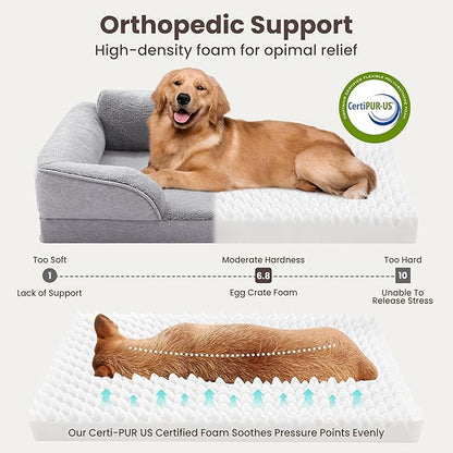 XL Orthopedic Dog Beds for Large Dogs, Waterproof Egg-Crate Foam Pet Couch Bed with Soft Sides, Non-Slip Dog Sofa with Fleece Removable Washable Cover, 42" L Supportive Pet Sofa, Light Grey