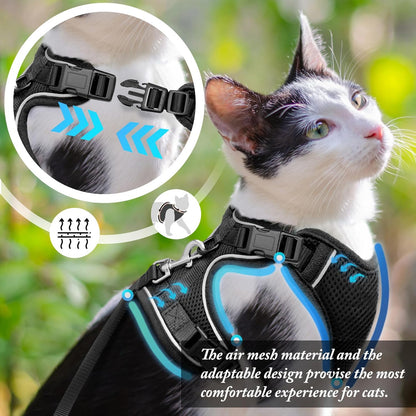 Cat Harness and Leash Set, Cat Car Harness, Soft and Breathable Vest with Reflective Strip, Anti Escape Adjustable Cat Harness, Easy to Wear for Cats Walking and Traveling, Black, M