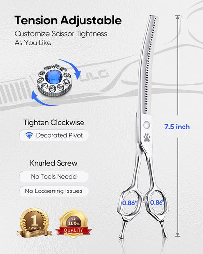 ULG Dog Grooming Scissors 40-Tooth 7.5” Curved Thinning Scissors Seamless 15%-20% Thinning Rate 440C Japanese Stainless Steel Tension Adjustable Left & Right Handed Pet Grooming Shears