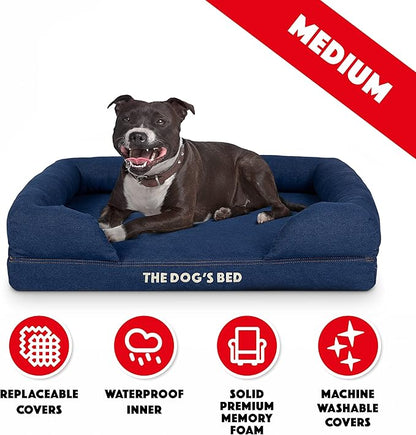 The Dog’s Bed, Med Blue Denim, Memory Foam, Pain Relief: Arthritis, Hip & Elbow Dysplasia, Post Surgery, Lameness, Supportive, Calming, Waterproof Washable Cover