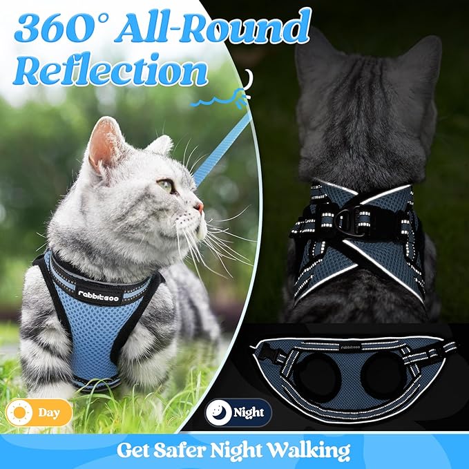 rabbitgoo Cat Harness and Leash Set for Walking Escape Proof, Adjustable Soft Kittens Vest with Reflective Strip for Cats, Comfortable Outdoor Vest, Light Blue, M