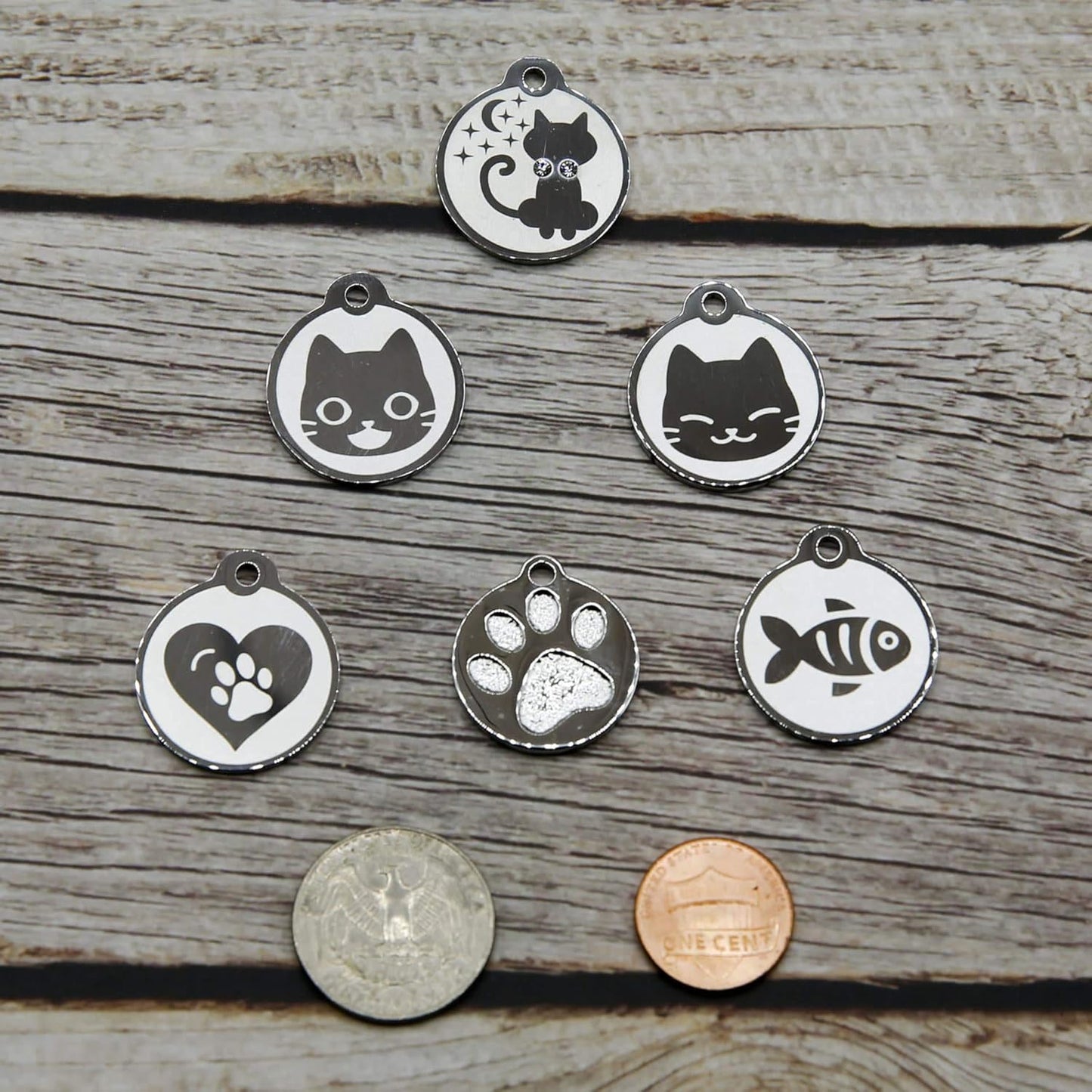 Stainless Steel Cat ID Tags - Engraved Personalized Tags with up to 4 Lines of Text and Cat & Mouse Shapes