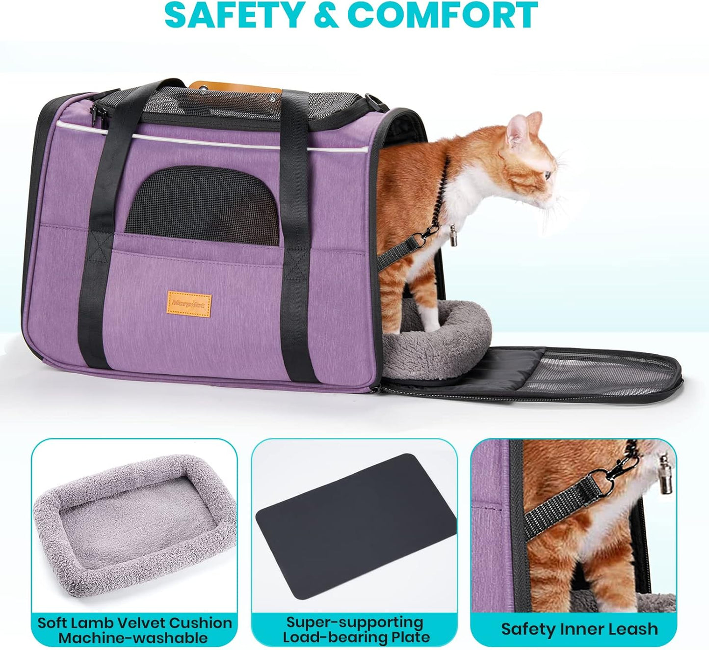 Morpilot Cat Carrier - Soft Sided Cat Carrier Large for Big Medium Cats and Puppy up to 18lbs, Pet Carrier with Safety Zippers, Foldable Bowl, Airline Approved Large Dog Carrier - Purple