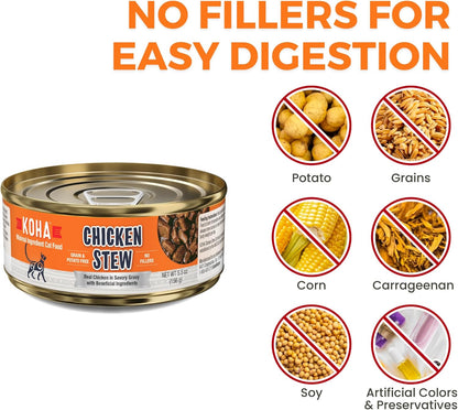 KOHA Minimal Ingredient Chicken Stew for Cats, High Protein Limited Ingredient Wet Cat Food, 5.5oz Cans (Case of 24)