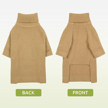 Queenmore Turtleneck Long Sleeve Knitted Sweater with Check Pattern, Fall Winter Warm Sweater for Small to XXL Dogs and Cats, Brown
