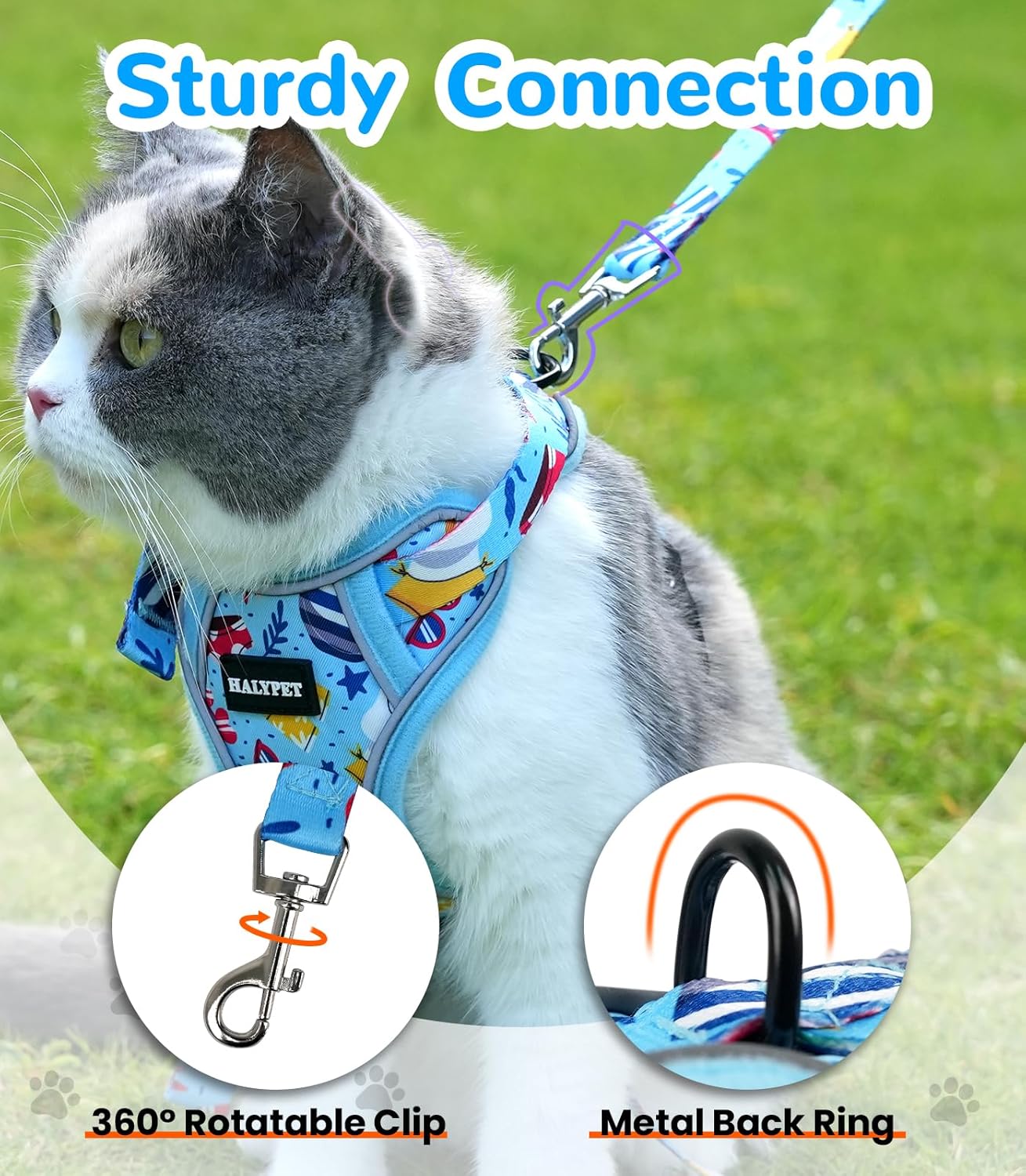 Halypet Cat Harness and Leash Set for Walking, Escape Proof Adjustable Vest Harness with 3-in-1 Integrated Buckles, Easy Control Soft Breathable Mesh with Reflective Strips for Cats, S, Azure Blue