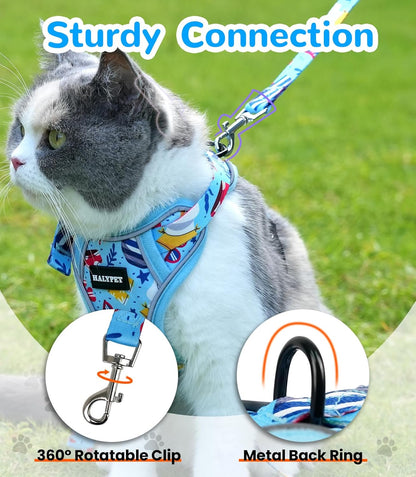 Halypet Cat Harness and Leash Set for Walking, Escape Proof Adjustable Vest Harness with 3-in-1 Integrated Buckles, Easy Control Soft Breathable Mesh with Reflective Strips for Cats, M,Azure Blue