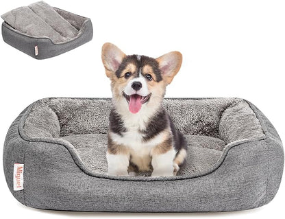 Miguel Faux Linen Dog Bed with Removable Cushion Pillow for Medium Small Dogs, Washable Pet Bed with Side Easy to Wash Puppy Bed, Rectangle Cat Bed for Indoor Cat with Anti-Slip Bottom, Gray 20 Inch