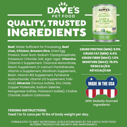 Dave's Pet Food Wet Dog Food (Beef & Rice), Made in USA Naturally Healthy Canned Topper Gluten Free Topper, 13.2 oz (12 Pack)