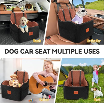 Dog Car Seat for Small/Medium Dogs, Memory Foam Dog Booster Seat for Dogs up to 35 lbs, Travel Safety Per Car Seat with Washable Removable Cover and Storage Pockets (Black/Brown, Medium)