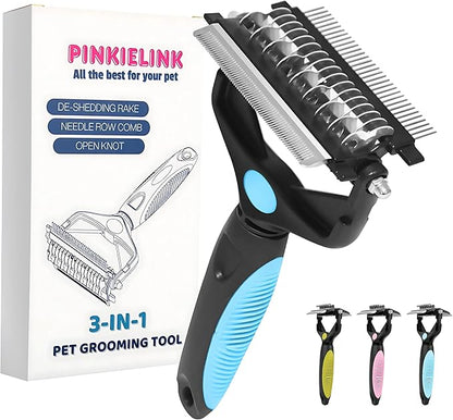 3-IN-1 Pet Grooming Tool - Undercoat Rake, Dematting Comb & Deshedding Brush for Cats & Dogs - Removes Mats, Tangles & Loose Fur, Reduces Shedding & Prevents Hair Mess (Blue)