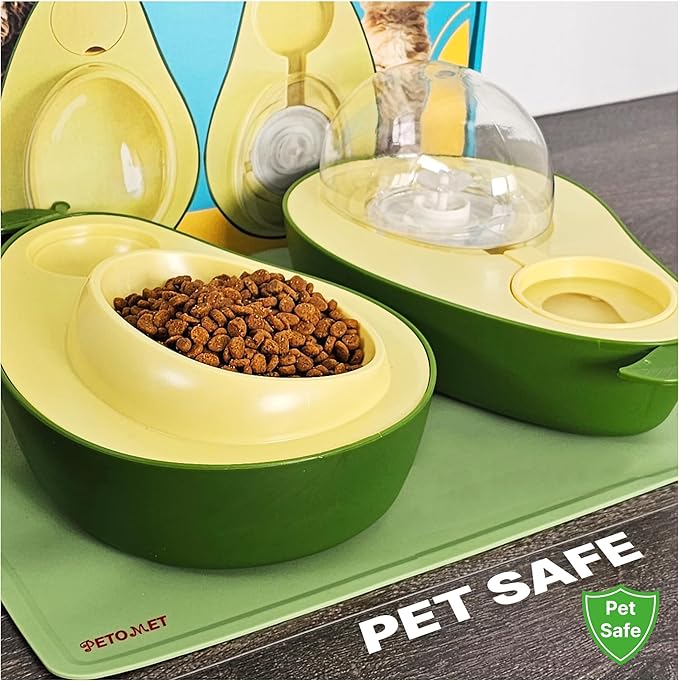 Cat Food and Water Bowl – Avocado Cat Bowl with Water Dispenser Pet Bowl& Small Dogs, Non-Spill, Anti-Choke, Eco-Friendly Dog Feeding Bowl Water Fountain 3-in-1 (Gray&White)