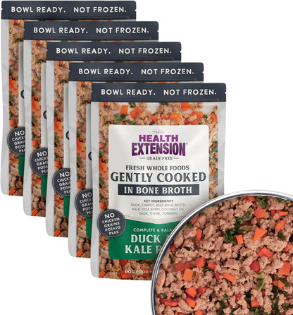 Health Extension Gently Cooked Grain-Free Duck & Kale Dog Food, Human-Grade & Shelf-Stable with Superfoods, Supports Digestion, Immunity, Skin & Coat, 9 oz Pouch (Pack of 5)