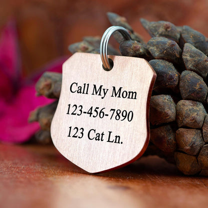 Ultra Joys Cat ID Tag Personalized Pet Tags, Durable Stainless Steel Small Pet Mini Dog Cat Tag Lightweight - Shield Tag in Rose Gold
