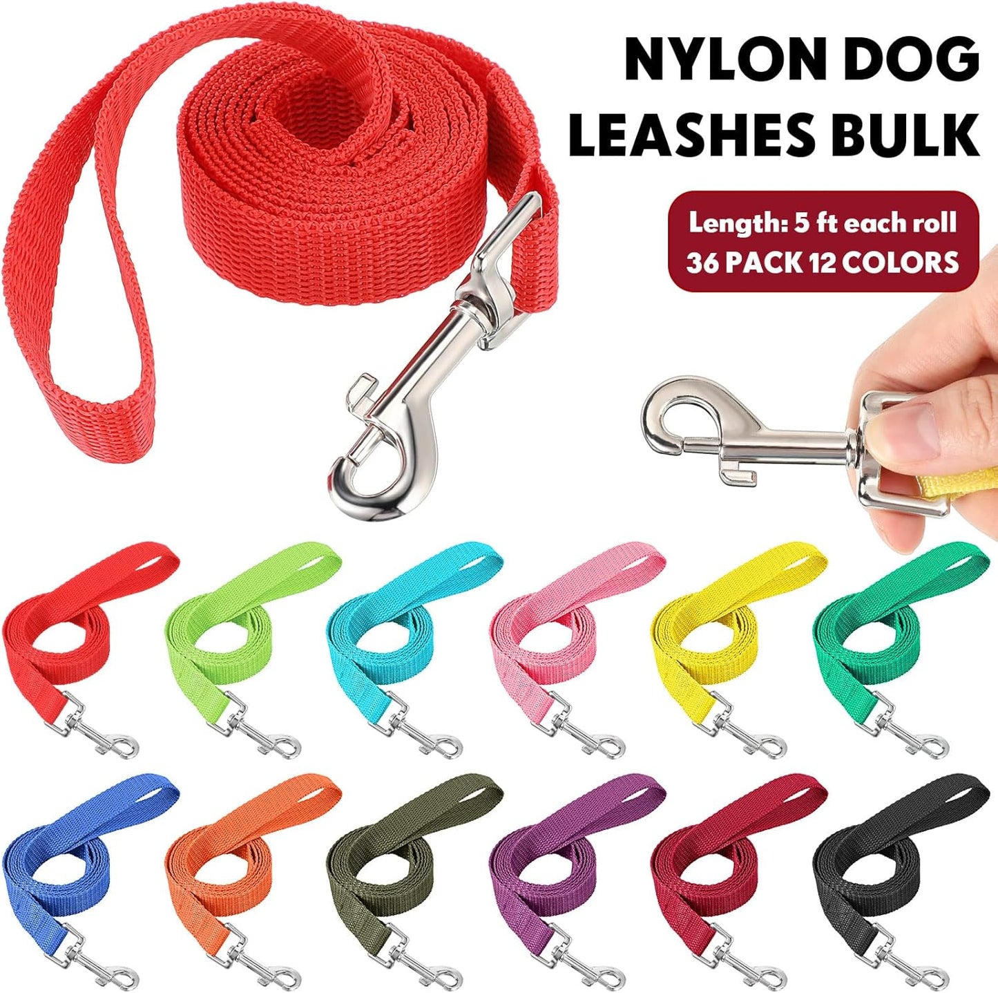 Hillban 36 Pcs Dog Leash Bulk 5 ft Multicolored Puppy Training Leash Slip Pet Traction Nylon Rope for Small Medium Dogs Agility, Yard, Camping, Backyard Play(12 Colors)