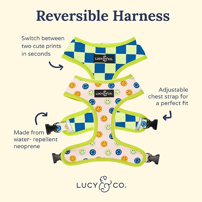 Lucy & Co. Lime Green with Blue Checker Smiley Faces, Cute Reversible Dog Harness Walking Halter - Best Designer Pet Harnesses for XS - XL Dogs - Padded Adjustable Vest for Easy Walking (X-Small)