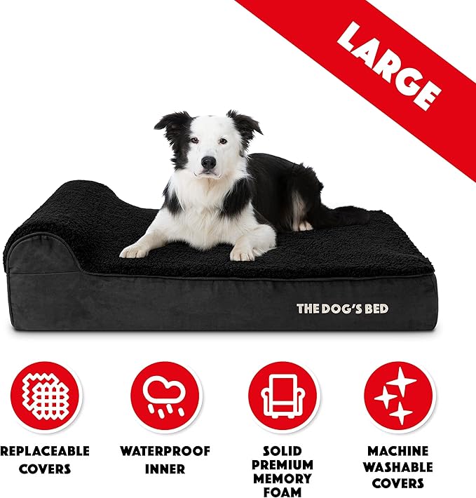 The Dog’s Bed Orthopedic Headrest Dog Bed Large Black Plush, Memory Foam, Pain Relief for Arthritis, Hip & Elbow Dysplasia, Post Surgery, Lameness, Waterproof Washable Cover